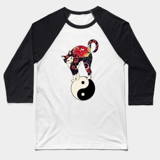 JAPANESE CAT WITH DRAGON RED DEVIL TATTOOS ON YIN YANG SYMBOL Baseball T-Shirt